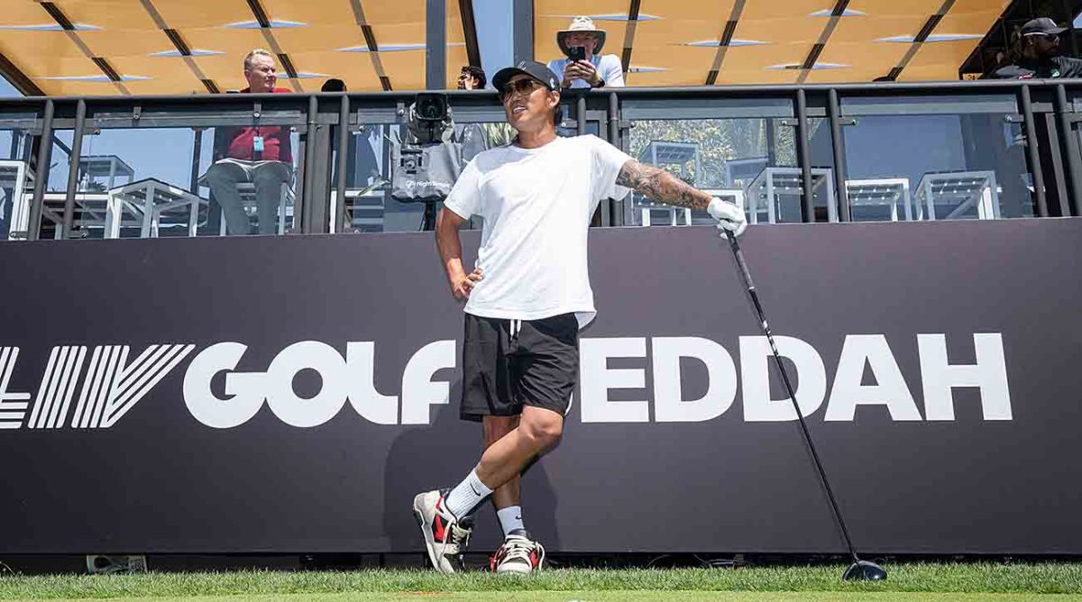 Anthony Kim prepares to play the first hole during the pro-am before the start of LIV Golf Jeddah at the Royal Greens Golf & Country Club on Thursday, Feb. 29, 2024 in King Abdullah Economic City, Saudi Arabia.